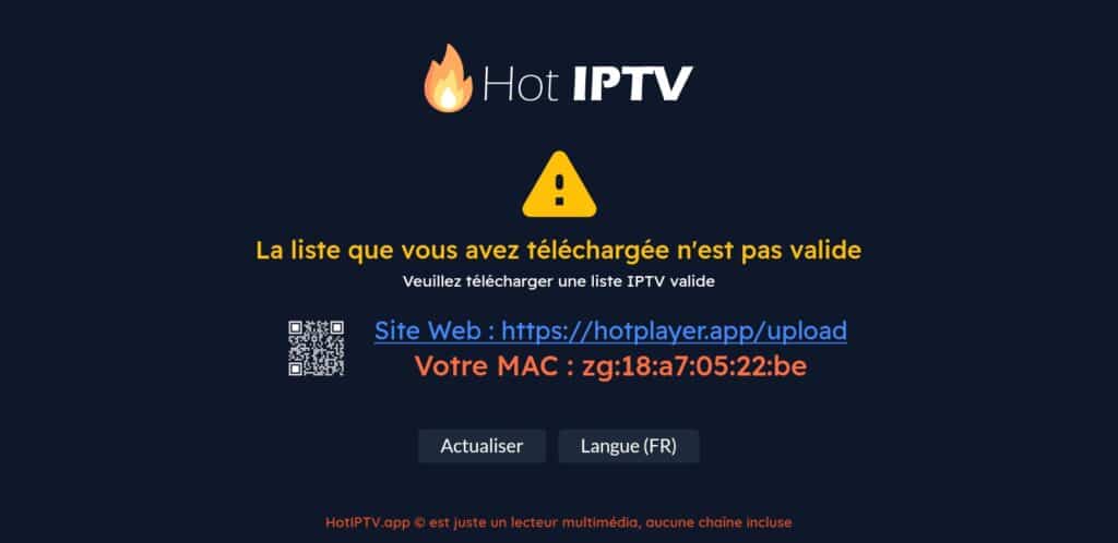 interface accueil de l'application hot iptv avec affichage de l'adresse MAC